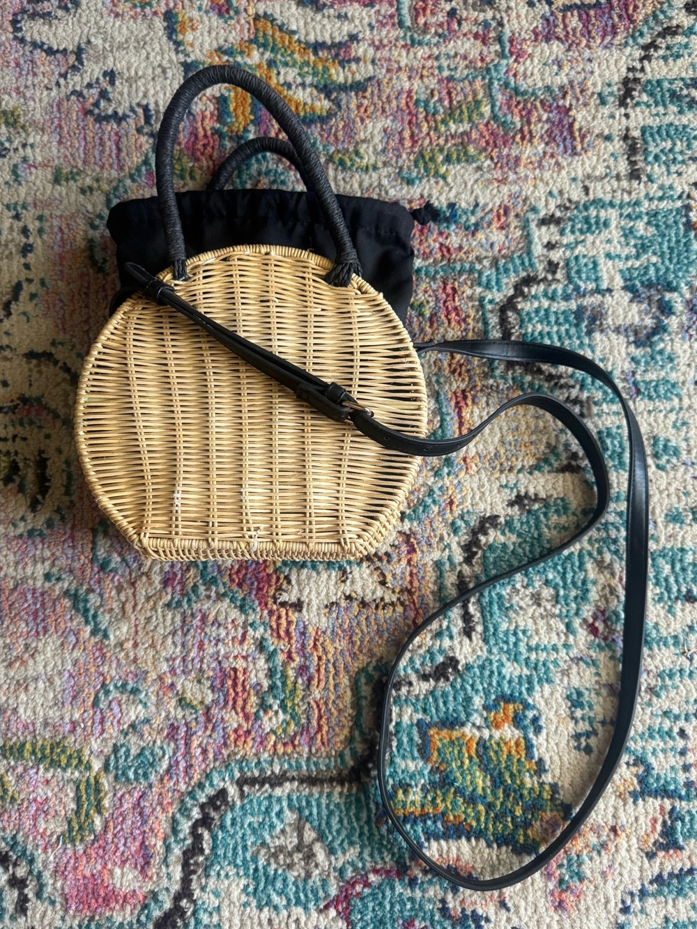 a new day Women’s Natural Straw Round Basket Crossbody with Black Trim